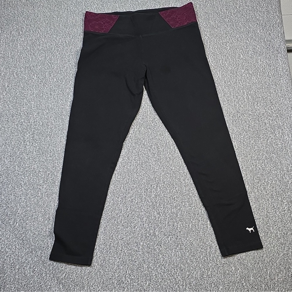 PINK Victoria's Secret PINK Yoga Leggings Black Purple Logo Waist L/G High
